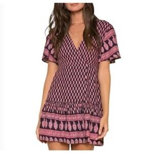 RAGA Avah Wrap Mini Dress Bohemian Pink Printed Dress Size Medium
